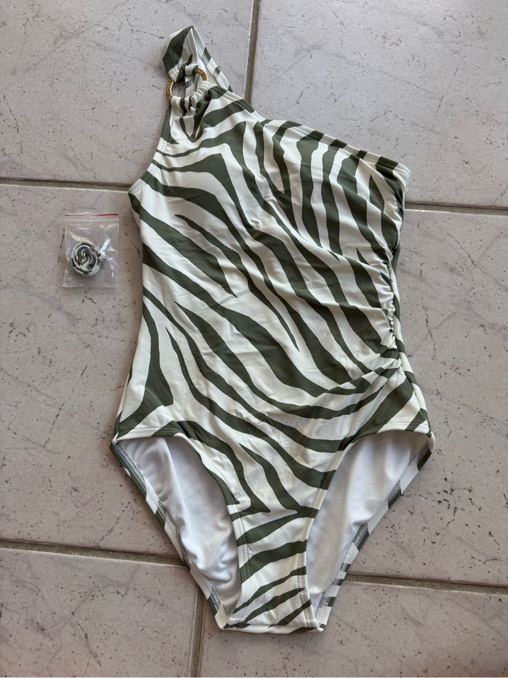 Michael Kors Olive Green and White One-Shoulder Zebra Print One-Piece Swimsuit